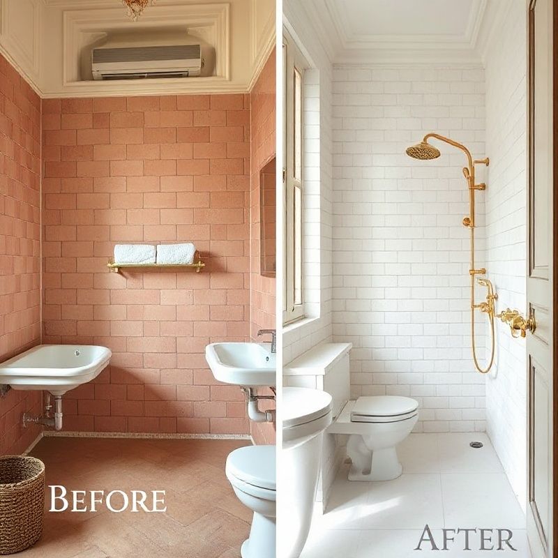 Avant/après d'une salle de bain parisienne&nbsp;: carreaux roses datés à gauche, grands carreaux blancs et robinetterie laiton à droite