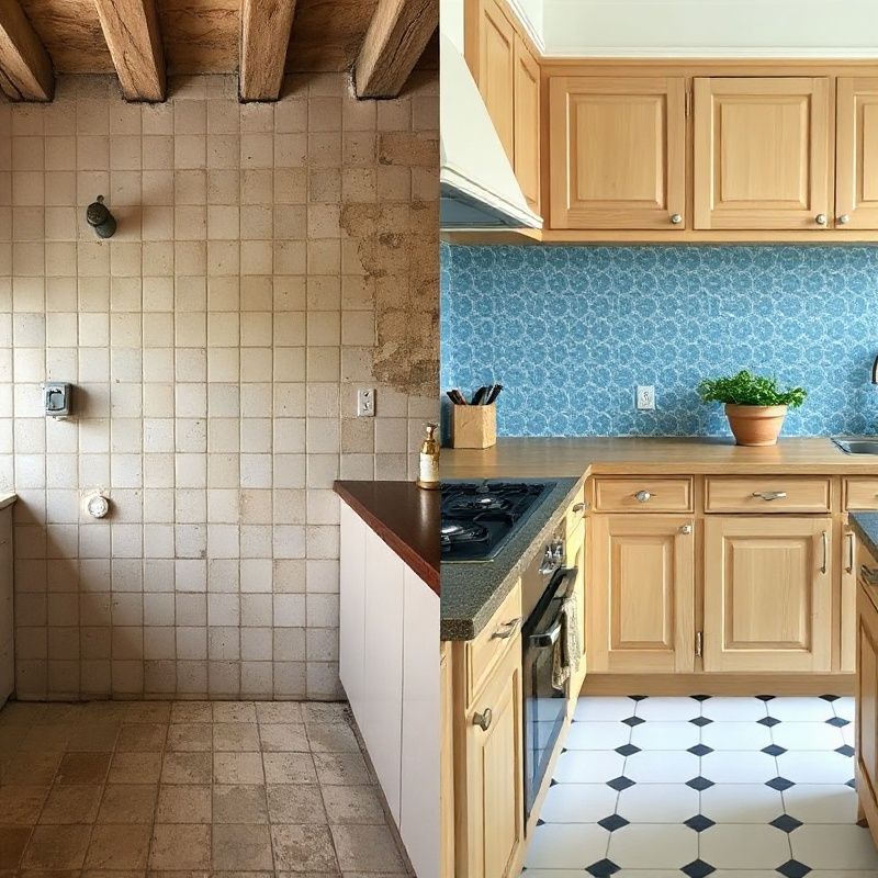 Avant/après d'une cuisine parisienne&nbsp;: anciens carreaux usés à gauche, crédence azur et meubles en chêne à droite