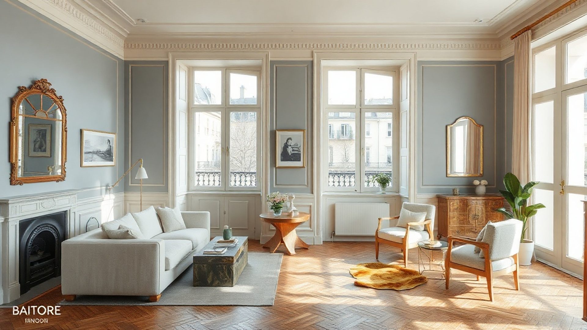 Salon parisien rénové aux tons azur et ivoire, moulures haussmanniennes conservées
