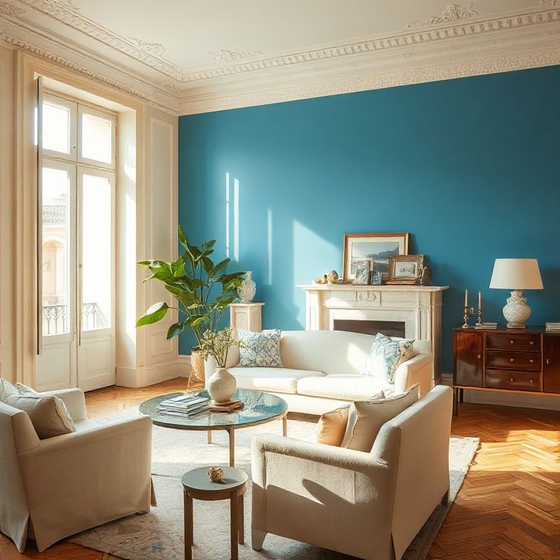 Séjour parisien rénové avec mur azur, canapé lin crème et moulures haussmanniennes conservées