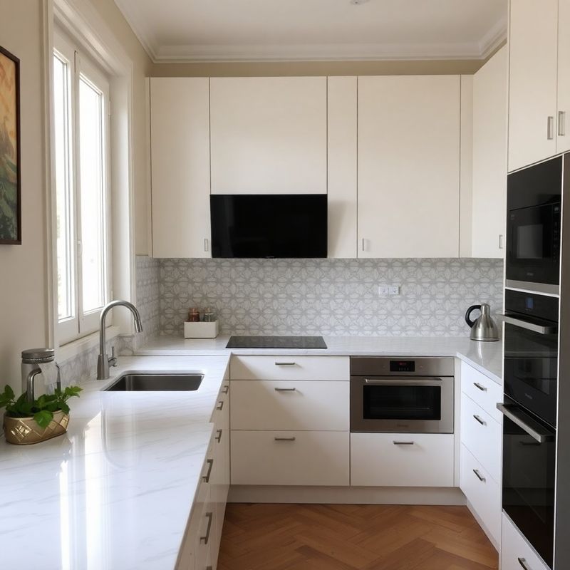 Cuisine parisienne rénovée avec plan de travail en marbre de Carrare et crédence azur