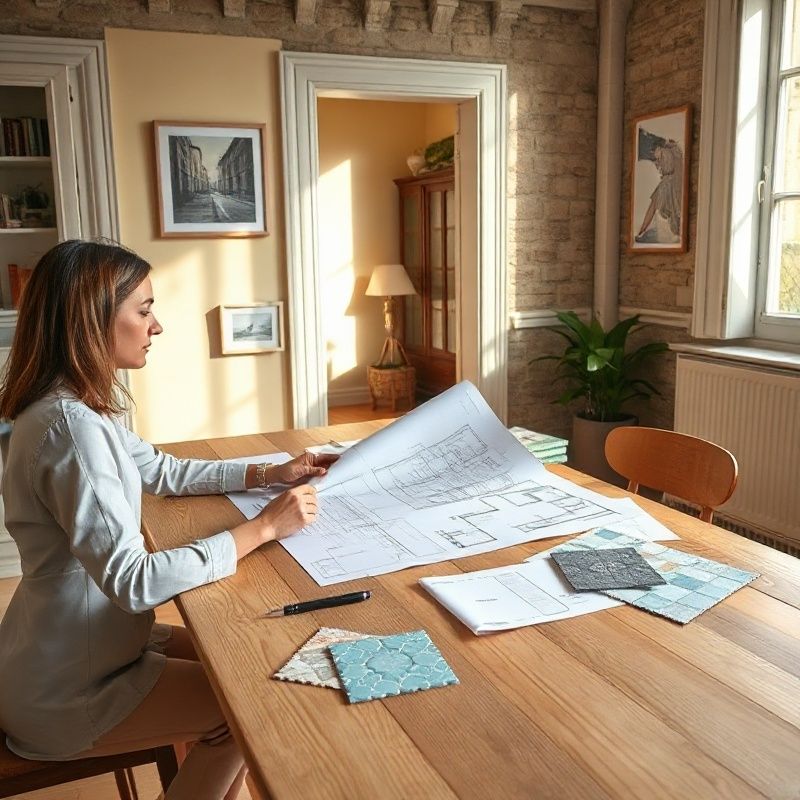 Plan d'un appartement parisien et échantillons de carreaux azur sur une table en chêne